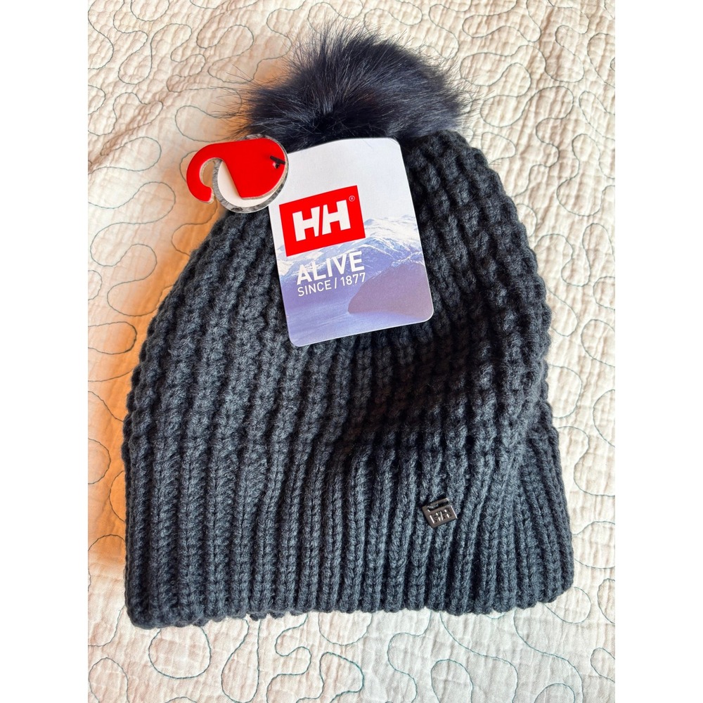 Helly Hansen Womens Snowfall Beanie Knit Faux Fur Pom Hat